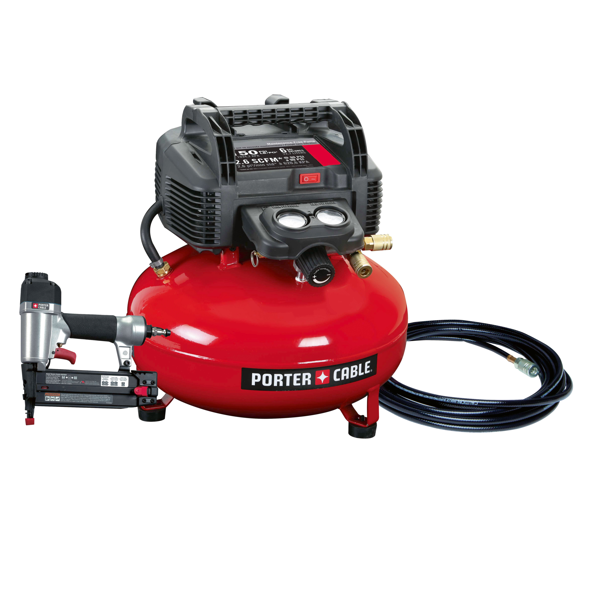 Porter Cable 6 Gallon Pancake Air Compressor (PXCM2002) with 25-Foot Hose and 18-Gauge Nailer (BN200SB), Model# PXCM12236